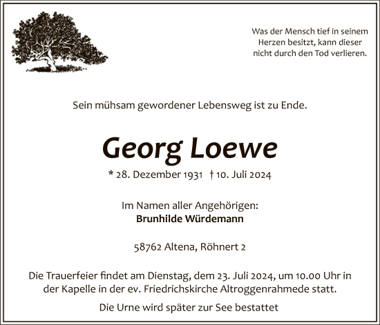 Todesanzeige von Georg Loewe von WA