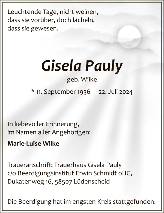 Todesanzeige von Gisela Pauly von WA