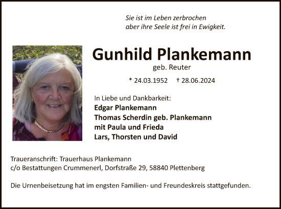 Todesanzeige von Gunhild Plankemann von WA