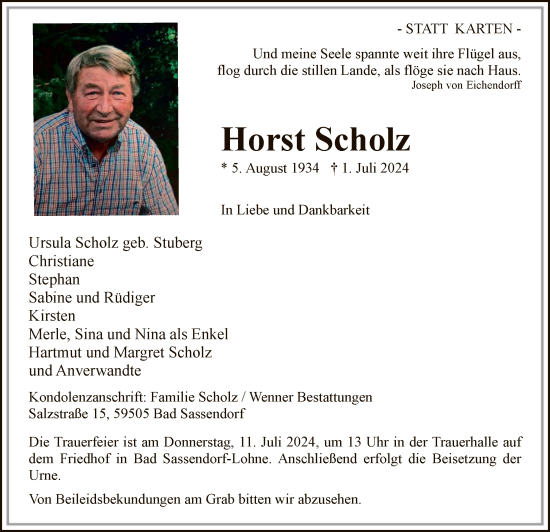 Todesanzeige von Horst Scholz von WA