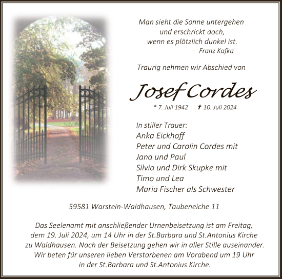 Todesanzeige von Josef Cordes von WA