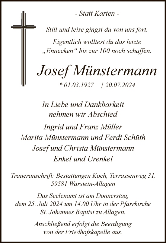 Todesanzeige von Josef Münstermann von WA