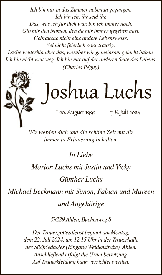 Todesanzeige von Joshua Luchs von WA