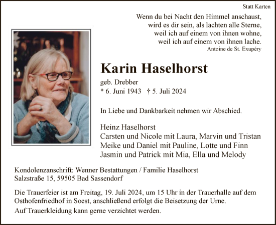 Todesanzeige von Karin Haselhorst von WA