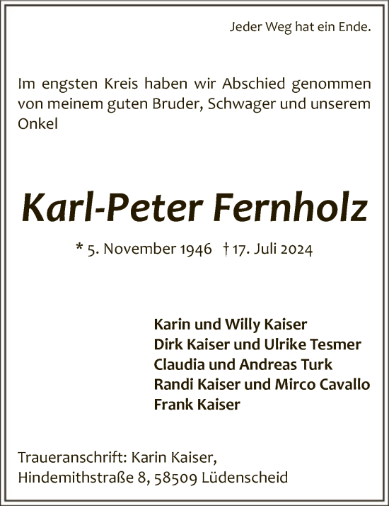 Todesanzeige von Karl-Peter Fernholz von WA