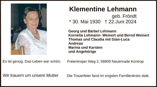 Todesanzeige von Klementine Lehmann von WA