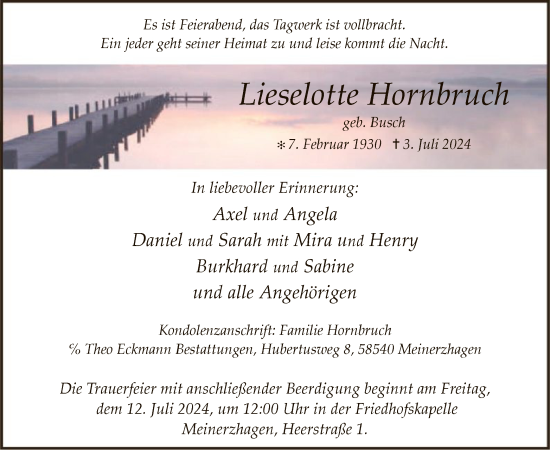 Todesanzeige von Lieselotte Hornbruch von WA