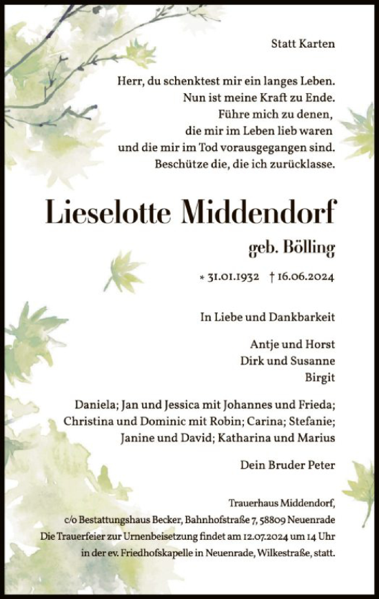 Todesanzeige von Lieselotte Middendorf von WA