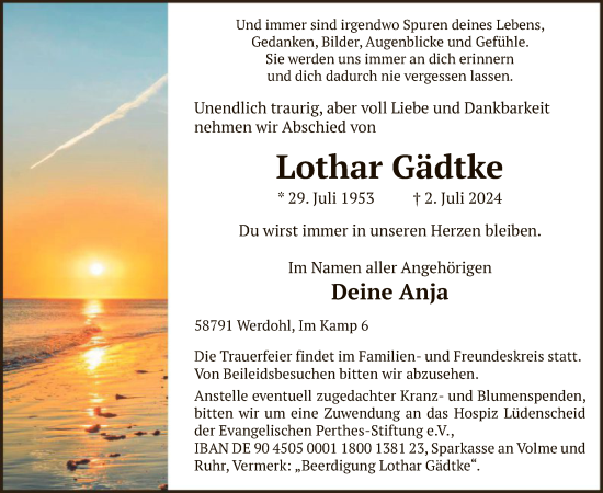 Todesanzeige von Lothar Gädtke von WA