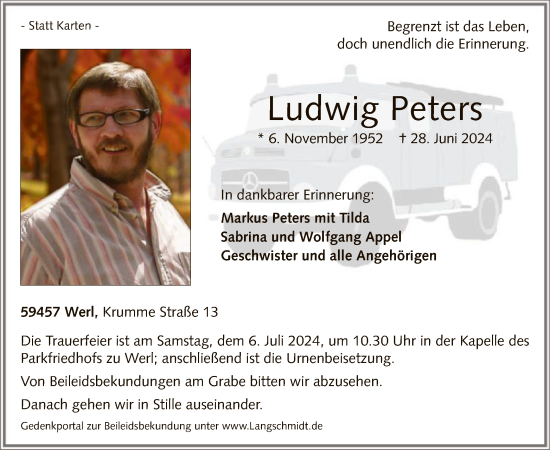 Todesanzeige von Ludwig Peters von WA