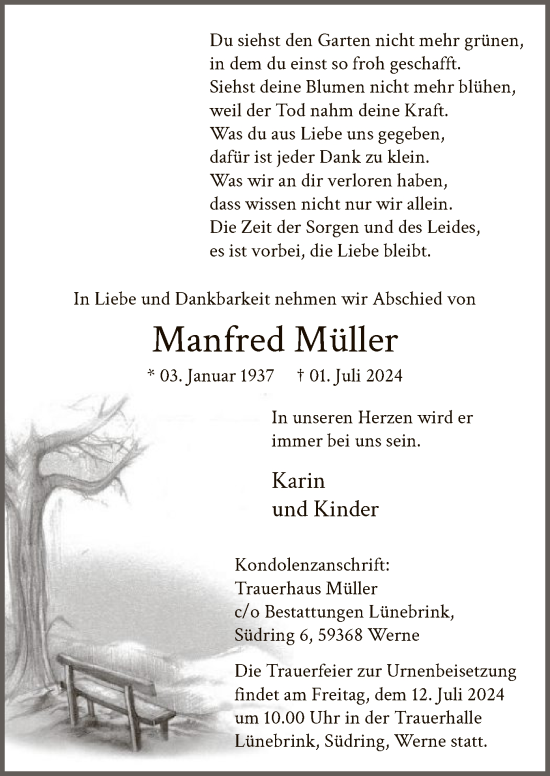 Todesanzeige von Manfred Müller von WA