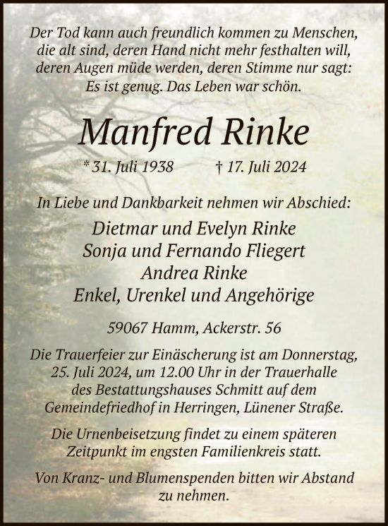 Todesanzeige von Manfred Rinke von WA