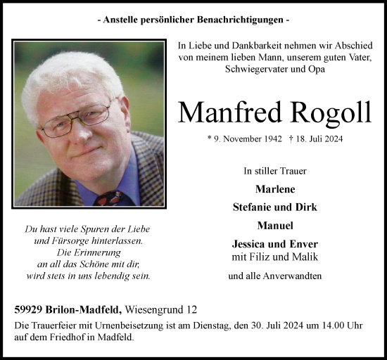 Todesanzeige von Manfred Rogoll von WA