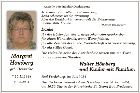 Todesanzeige von Margret Hömberg von WA