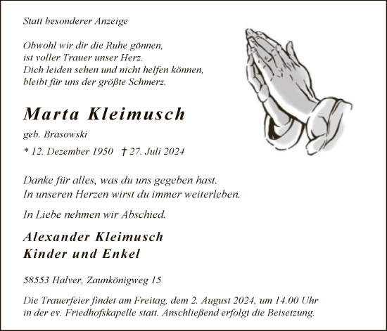 Todesanzeige von Marta Kleimusch von WA