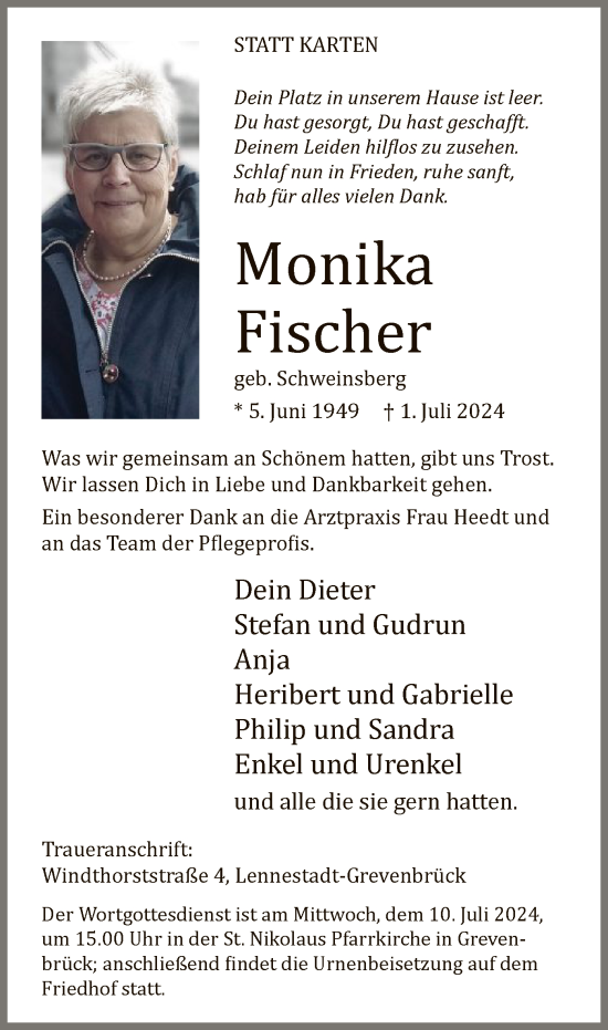 Todesanzeige von Monika Fischer von WA