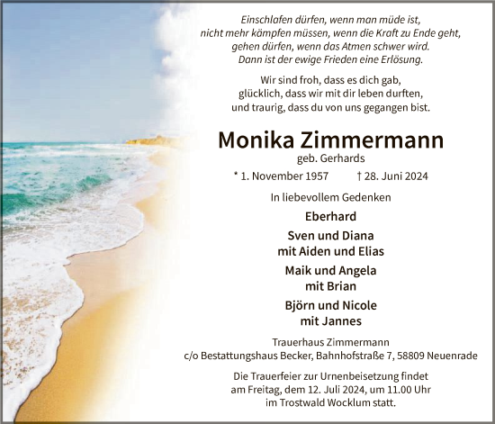 Todesanzeige von Monika Zimmermann von WA