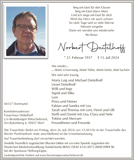 Todesanzeige von Norbert Deitelhoff von WA