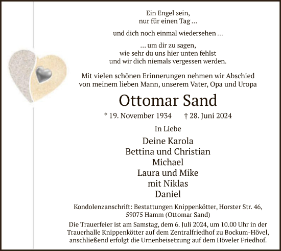 Todesanzeige von Ottomar Sand von WA