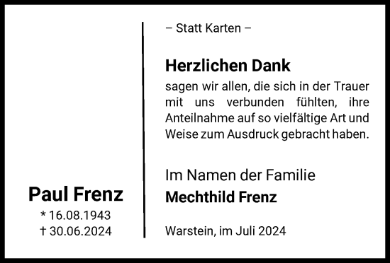 Todesanzeige von Paul Frenz von WA