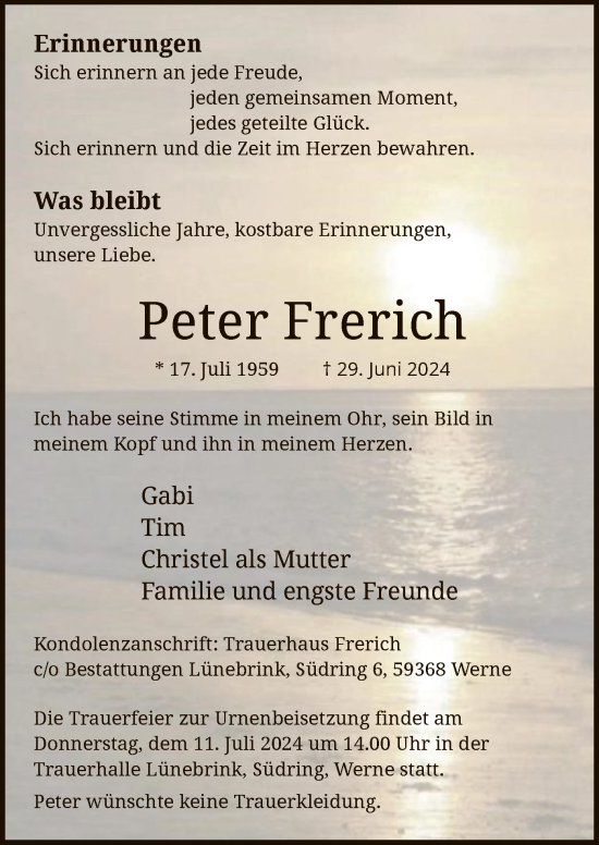 Todesanzeige von Peter Frerich von WA
