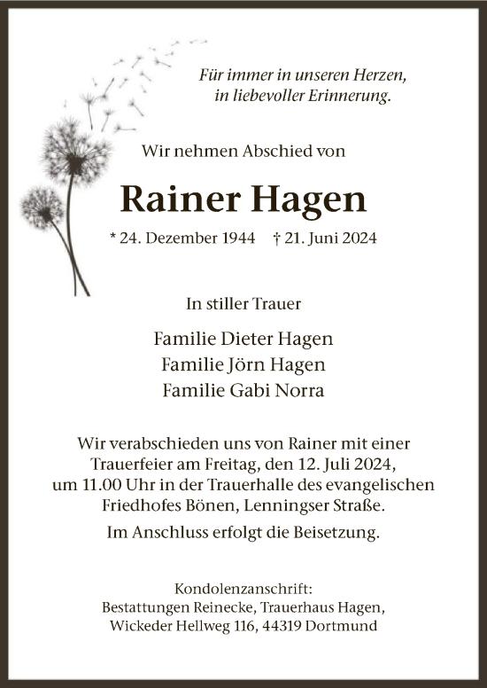 Todesanzeige von Rainer Hagen von WA