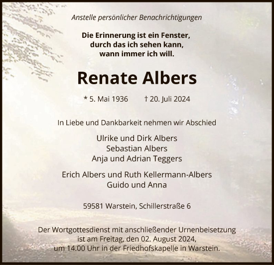 Todesanzeige von Renate Albers von WA