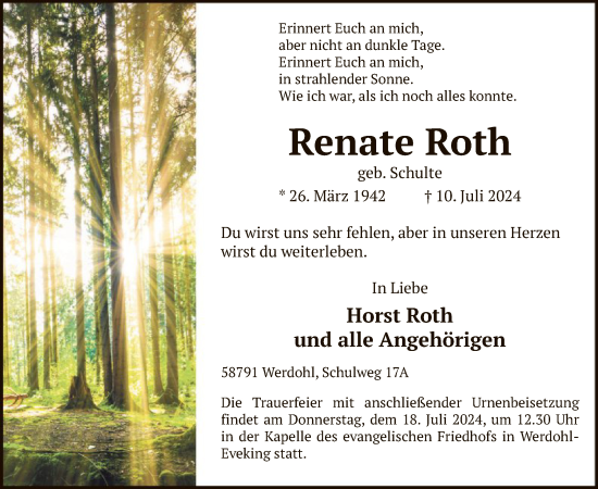 Todesanzeige von Renate Roth von WA