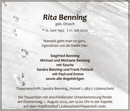 Todesanzeige von Rita Benning von WA