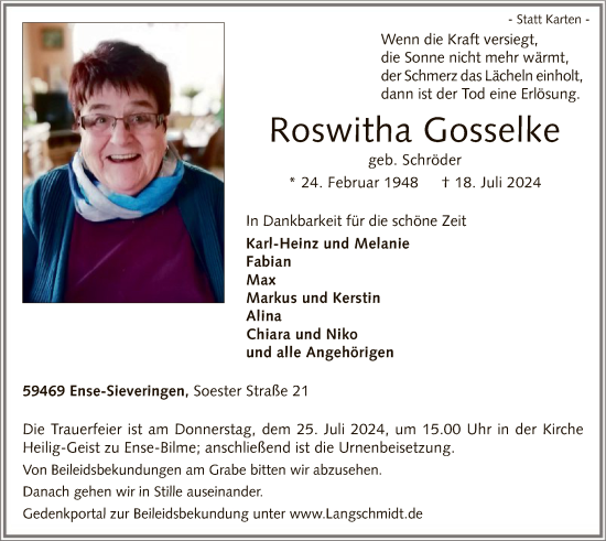 Todesanzeige von Roswitha Gosselke von WA
