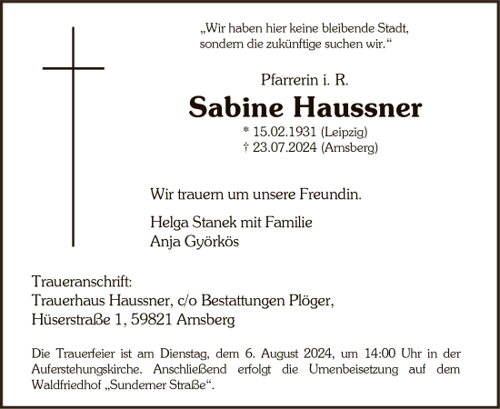 Todesanzeige von Sabine Haussner von WA