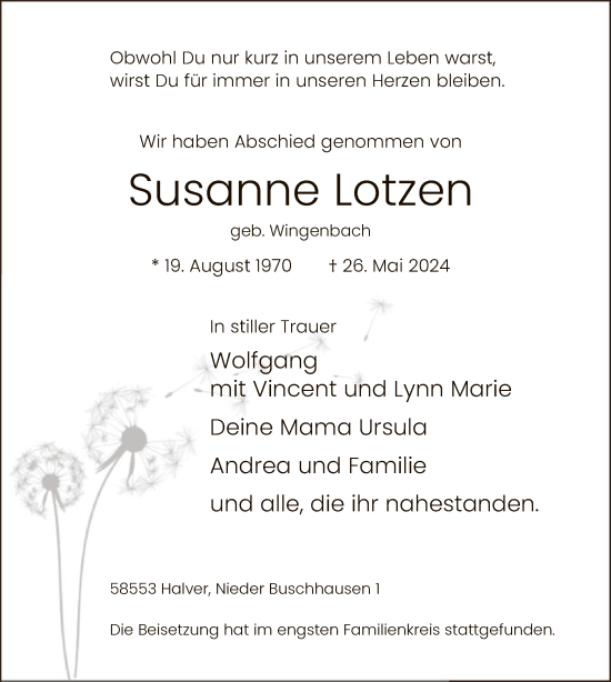 Todesanzeige von Susanne Lotzen von WA