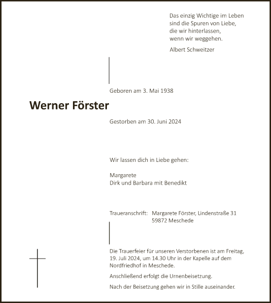 Todesanzeige von Werner Förster von WA