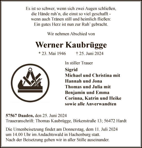 Todesanzeige von Werner Kaubrügge von WA