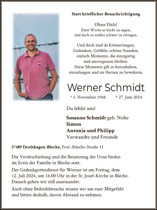 Todesanzeige von Werner Schmidt von WA