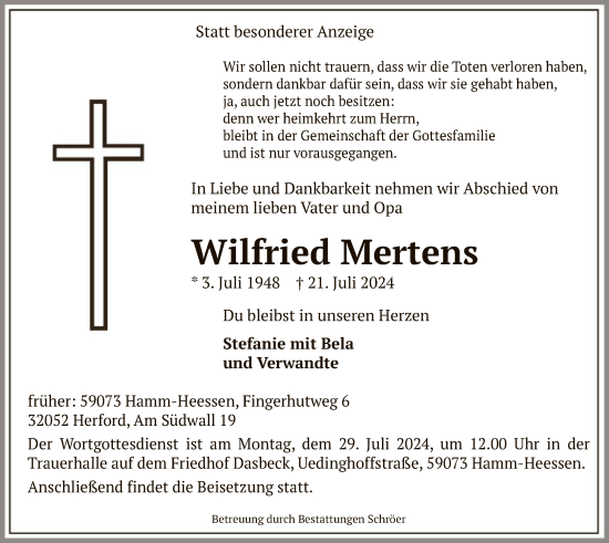 Todesanzeige von Wilfried Mertens von WA