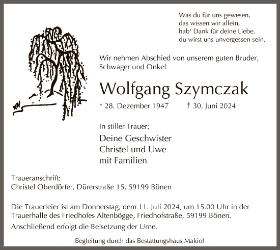 Todesanzeige von Wolfgang Szymczak von WA