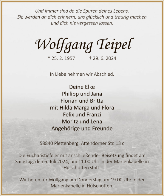 Todesanzeige von Wolfgang Teipel von WA