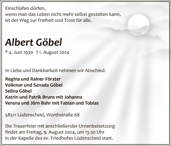 Todesanzeige von Albert Göbel von WA