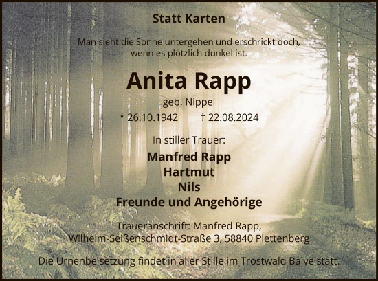 Todesanzeige von Anita Rapp von WA