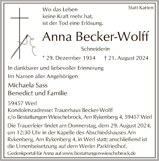 Todesanzeige von Anna Becker-Wolff von WA