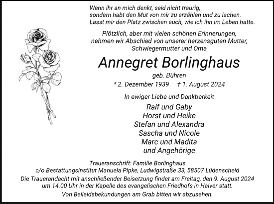 Todesanzeige von Annegret Borlinghaus von WA