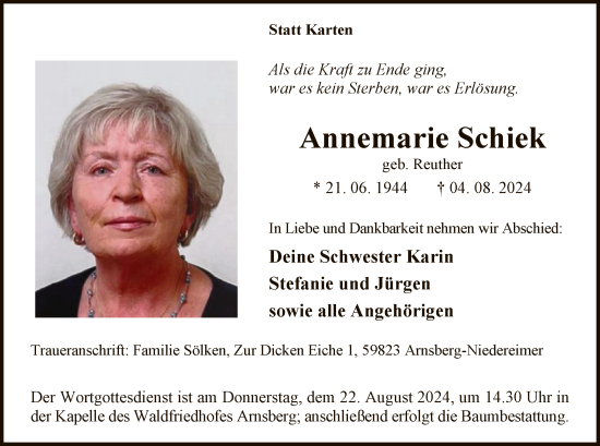 Todesanzeige von Annemarie Schiek von WA