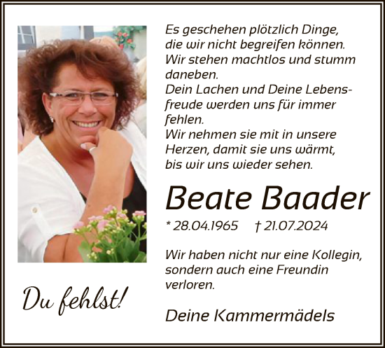 Todesanzeige von Beate Baader von WA