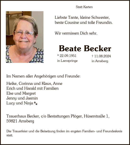 Todesanzeige von Beate Becker von WA