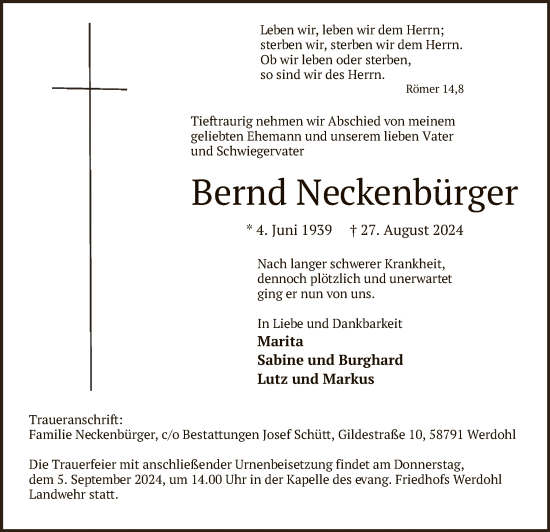 Todesanzeige von Bernd Neckenbürger von WA