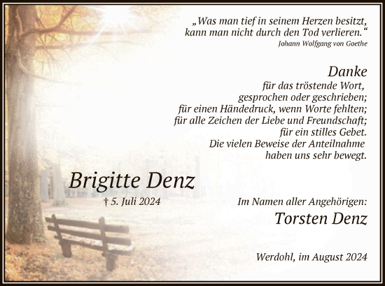 Todesanzeige von Brigitte Denz von WA