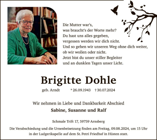 Todesanzeige von Brigitte Dohle von WA