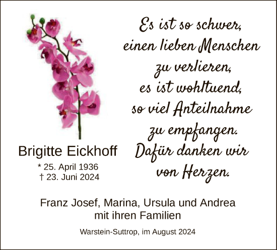 Todesanzeige von Brigitte Eickhoff von WA