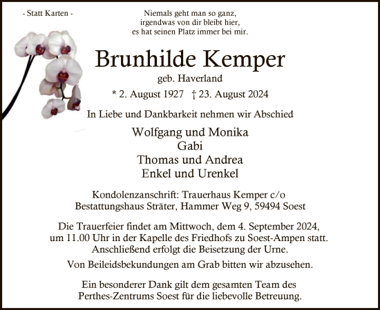 Todesanzeige von Brunhilde Kemper von WA